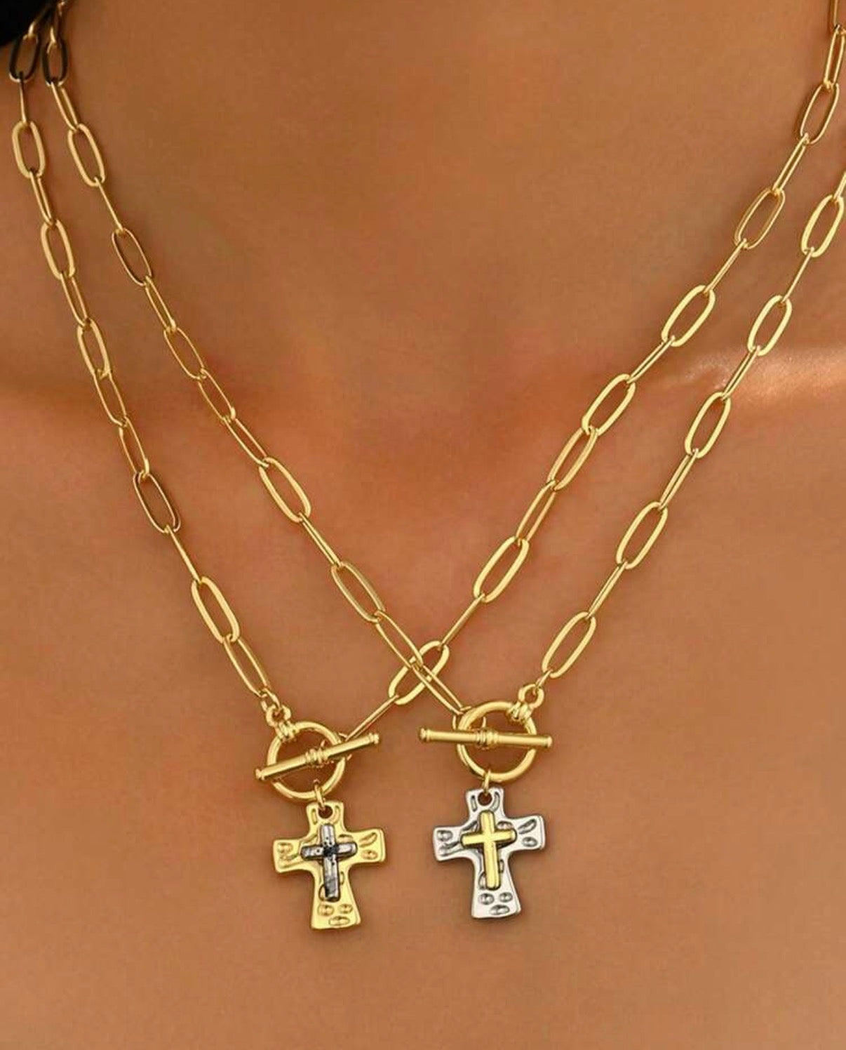 Gold Paperclip Toggle Necklace with Two Tone Cross Pendant