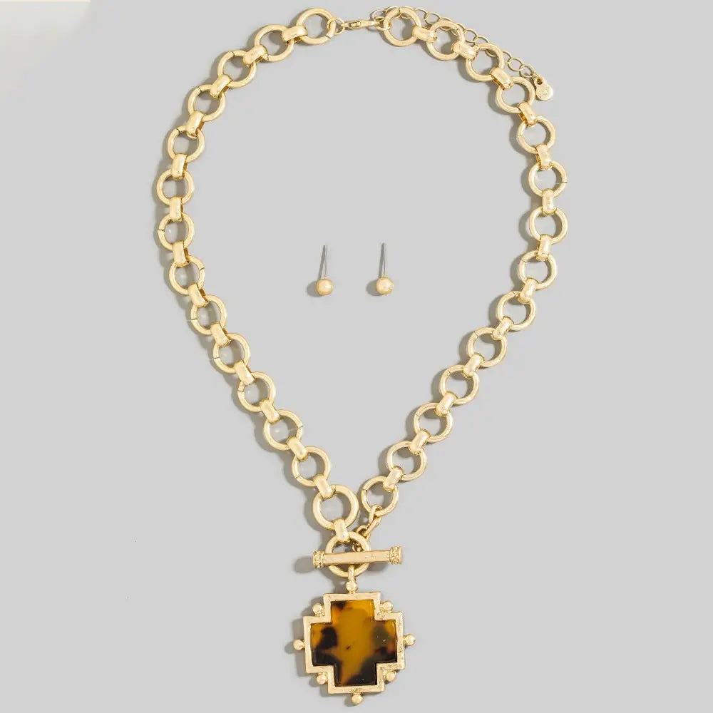 Gold Chain Link Toggle Necklace with Tortoise Cross Pendant