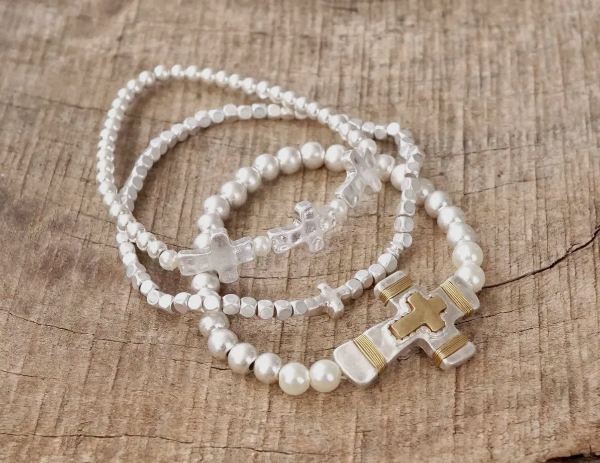 3 Cross Boho Bracelet Set in Worn Silver Tone