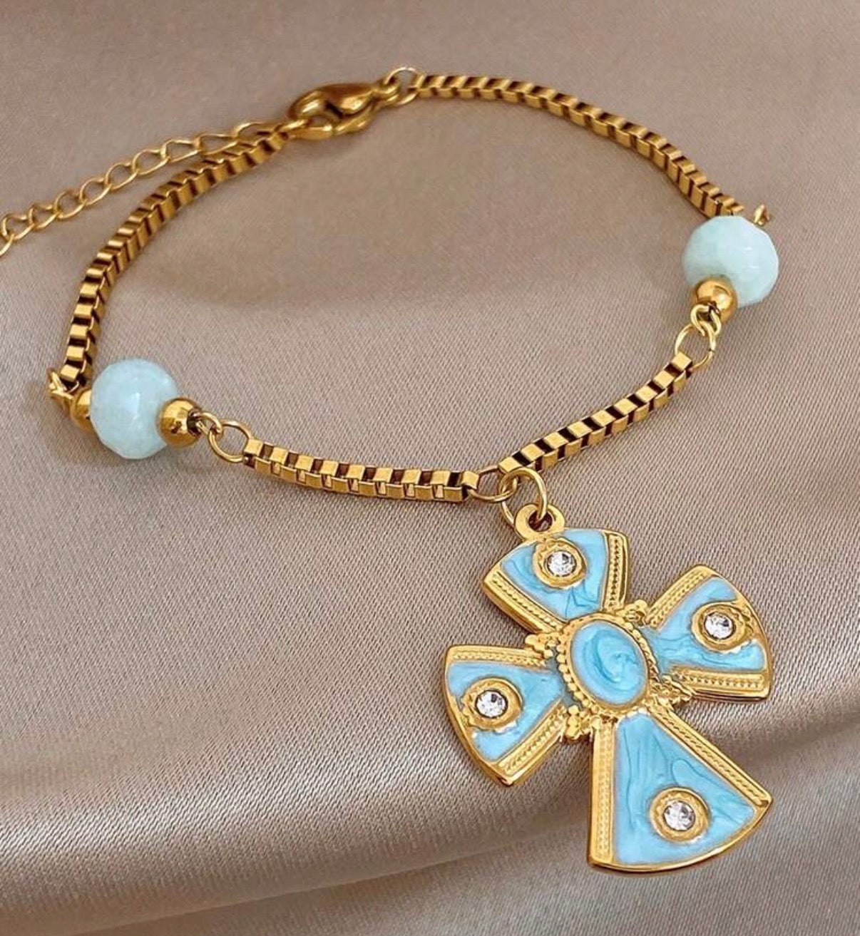 Gold & Light Turquoise Enamel Cross Bracelet