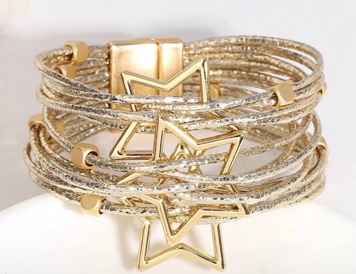 Mixed Media/Multi Layer/ Multiple Star Bracelet with Gold Beading & Clasp