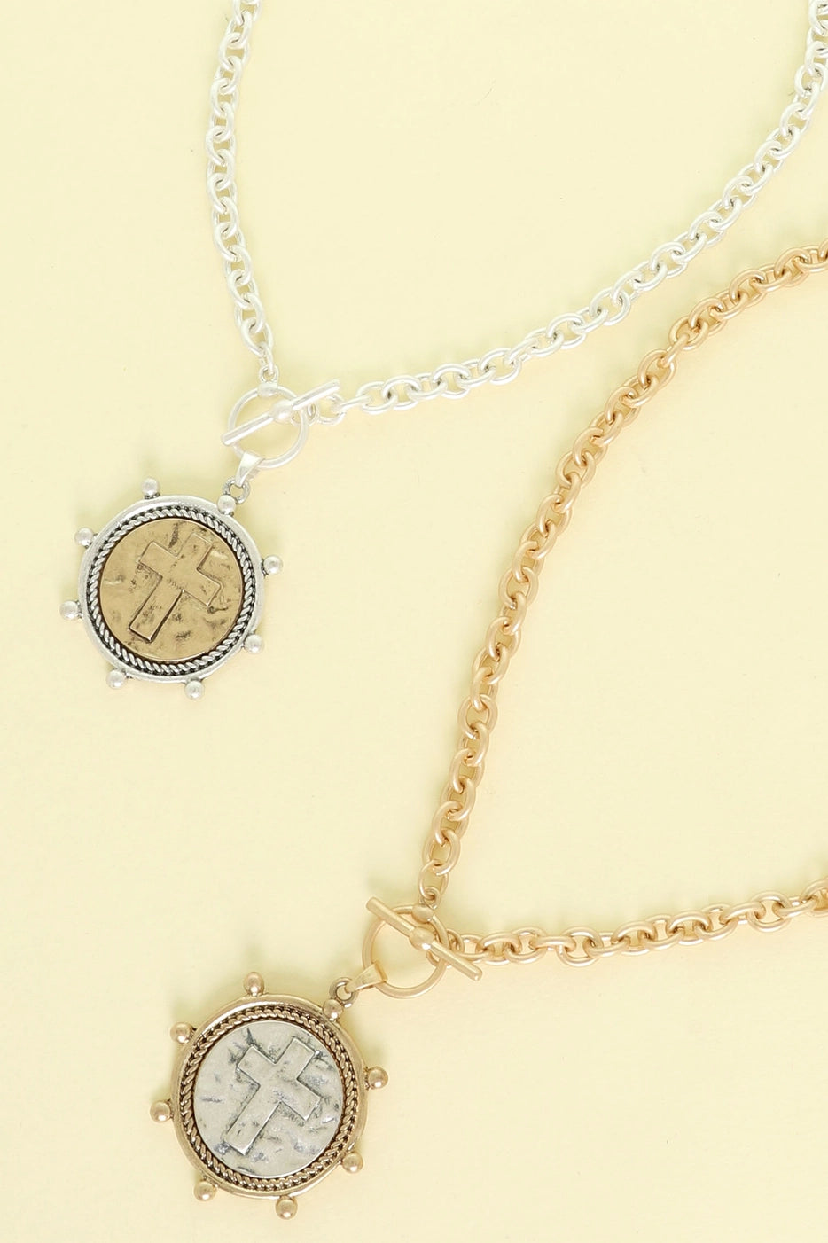 Gold Chain Bracelet with two tone coin cross pendant & toggle closure
