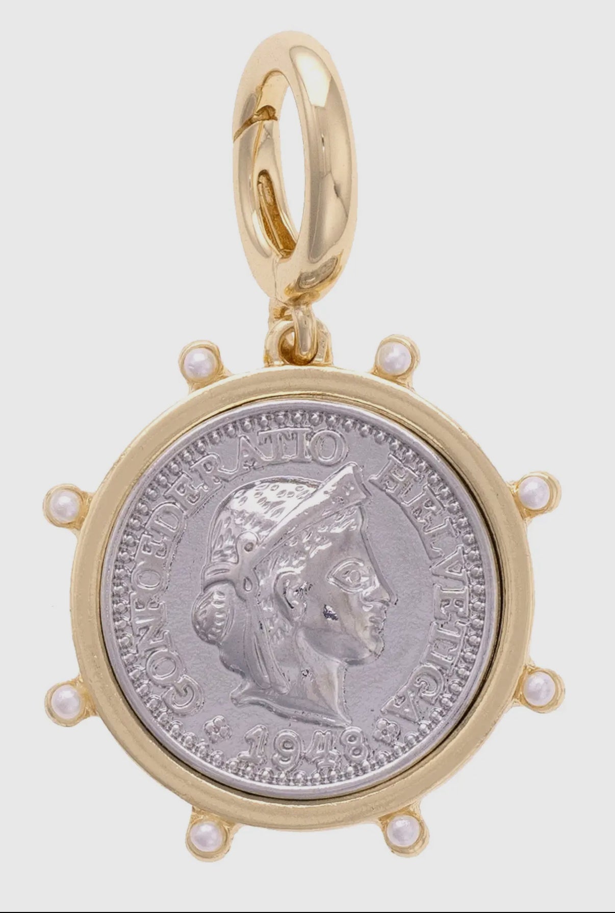 Shiny Two-Tone Studded Coin Pendant Charm Necklace