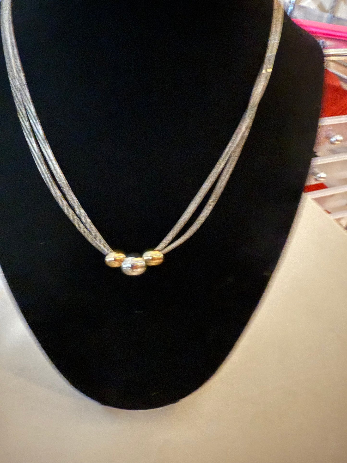 Silver Chain Necklace with Two-Tone Ball Bead Accents