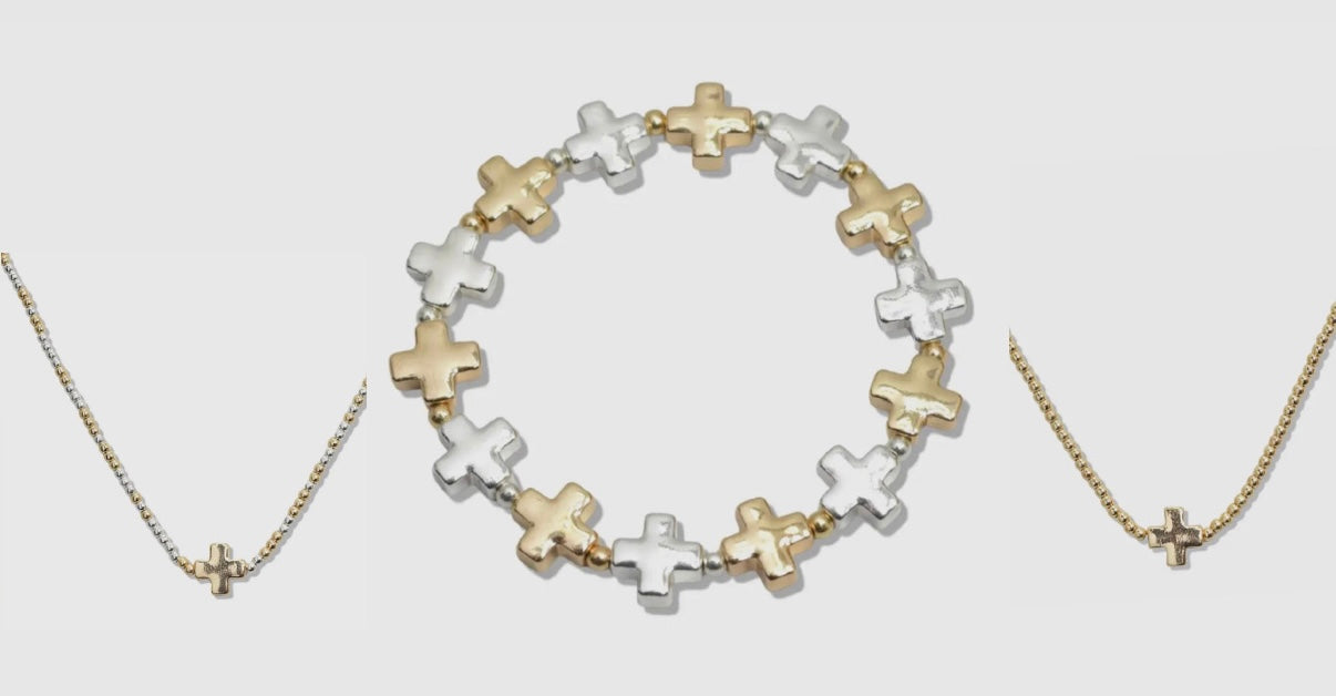 Two-Tone Cross Beaded Stretch Bracelet