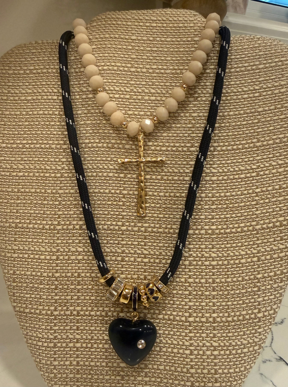 Navy Paracord Rope Choker with Gold & Enamel Charms, Navy Marbled Heart with Tiny Crystal Pendant