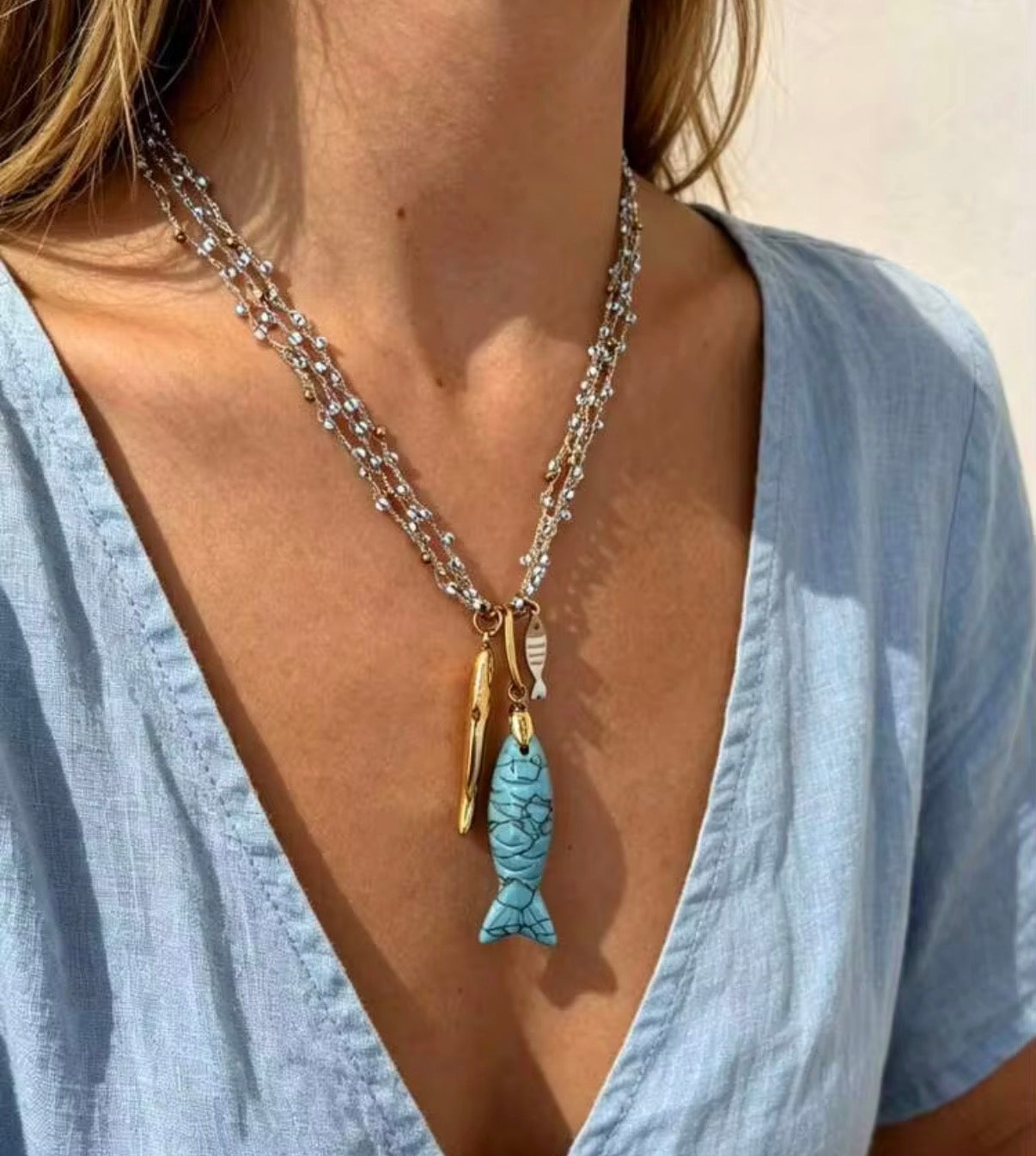 Two Tone, Multi- Layerd Beaded Necklace with 3 Fish Pendants