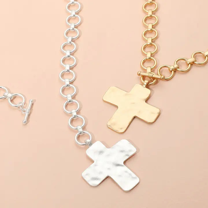 Chunky Gold Toggle Chain Necklace with Hammered Cross Pendant