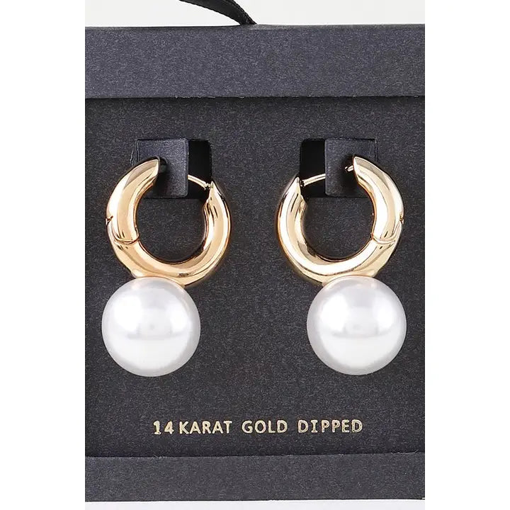 Gold Shiny Hoop Earrings with Pearl Drop