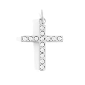 Silver Paperclip Carabiner Charm Holder Necklace with Silver & Pearl Cross Charm