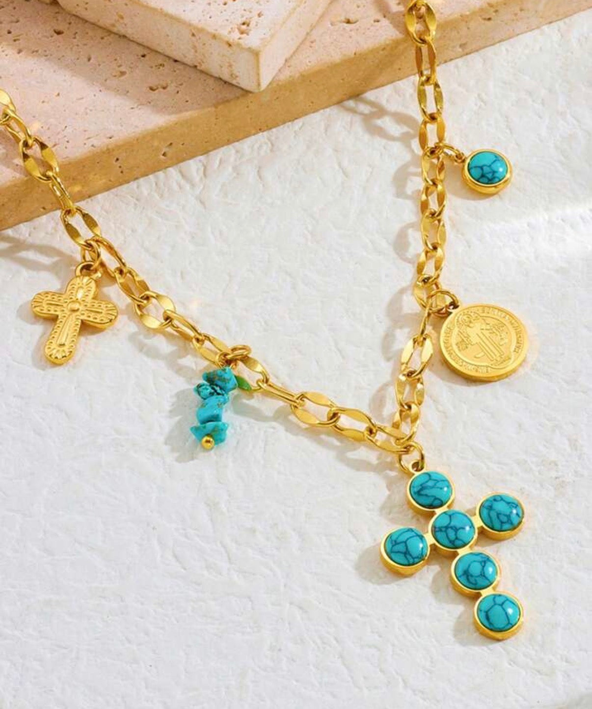Gold & Turquoise Cross Charm Necklace