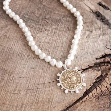 Boho Pearl Statement Necklace with Two-Tone Spiky Coin Pendant