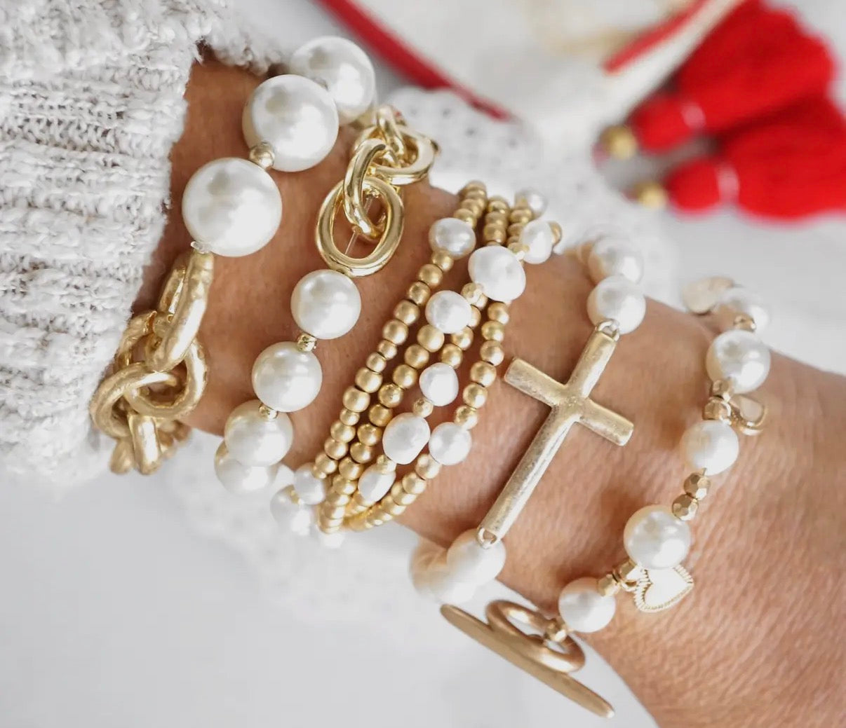 Pearl Beaded Stretch Bracelet with Worn Gold Sideways Cross