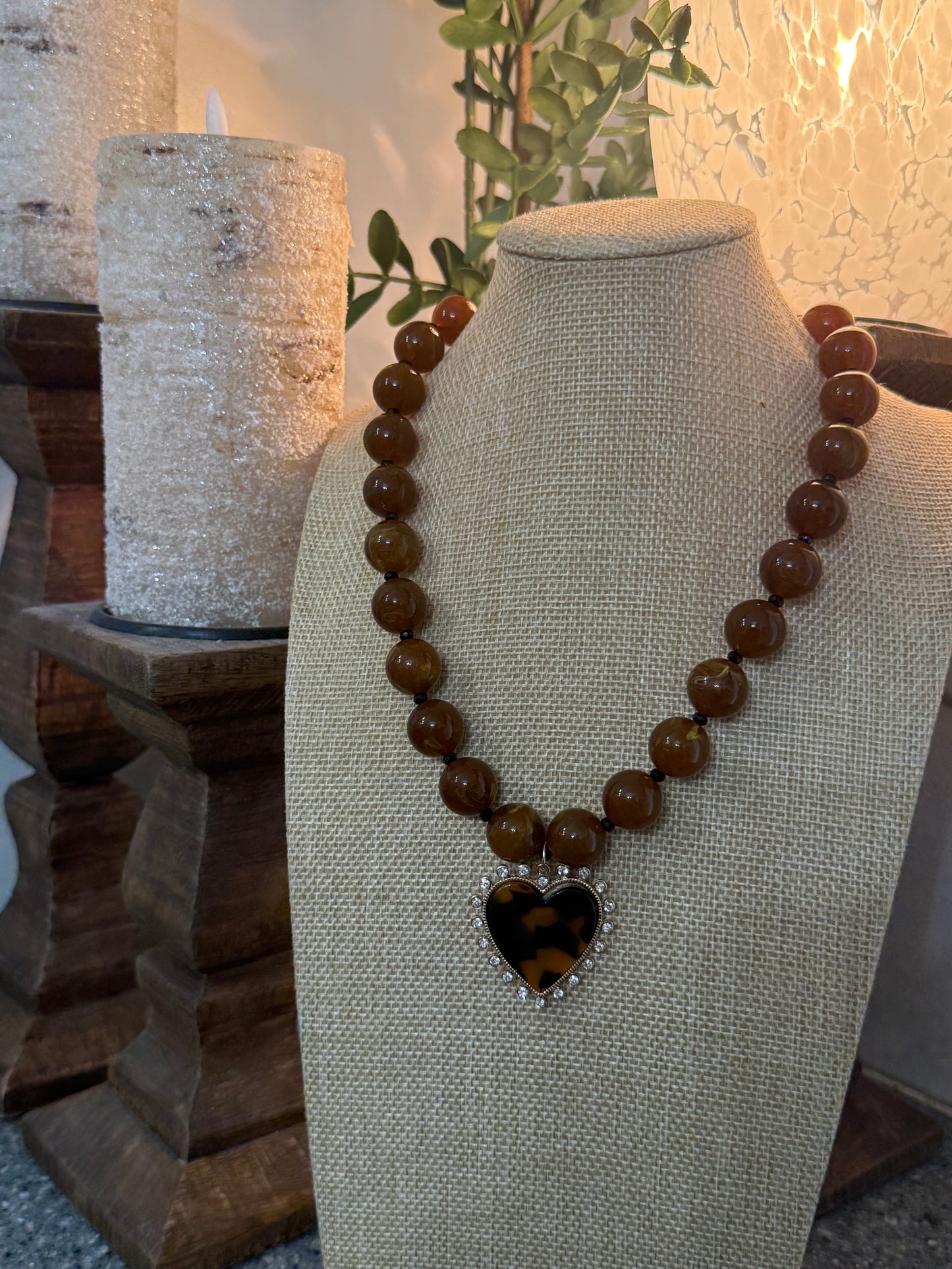 Brown Resin Beaded Necklace with Brown & Gold Spiky Heart Pendant