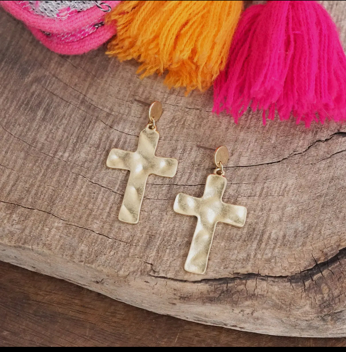 Gold Cross Hammered/ Distressed Drop Earrings