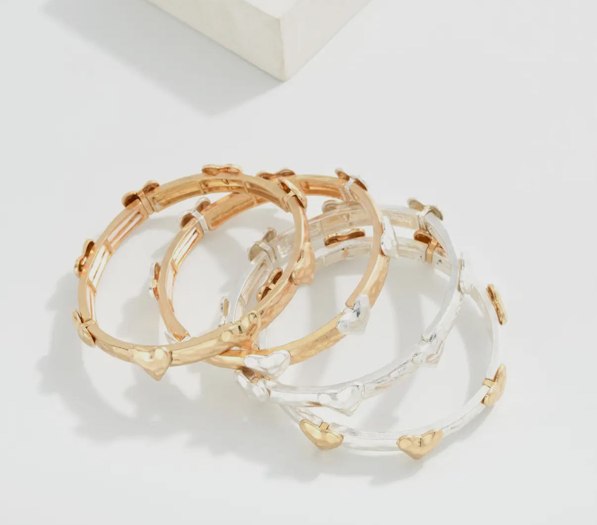 Two-Tone Gold Stretch Bangle Bracelet with Hammered Silver Heart Details