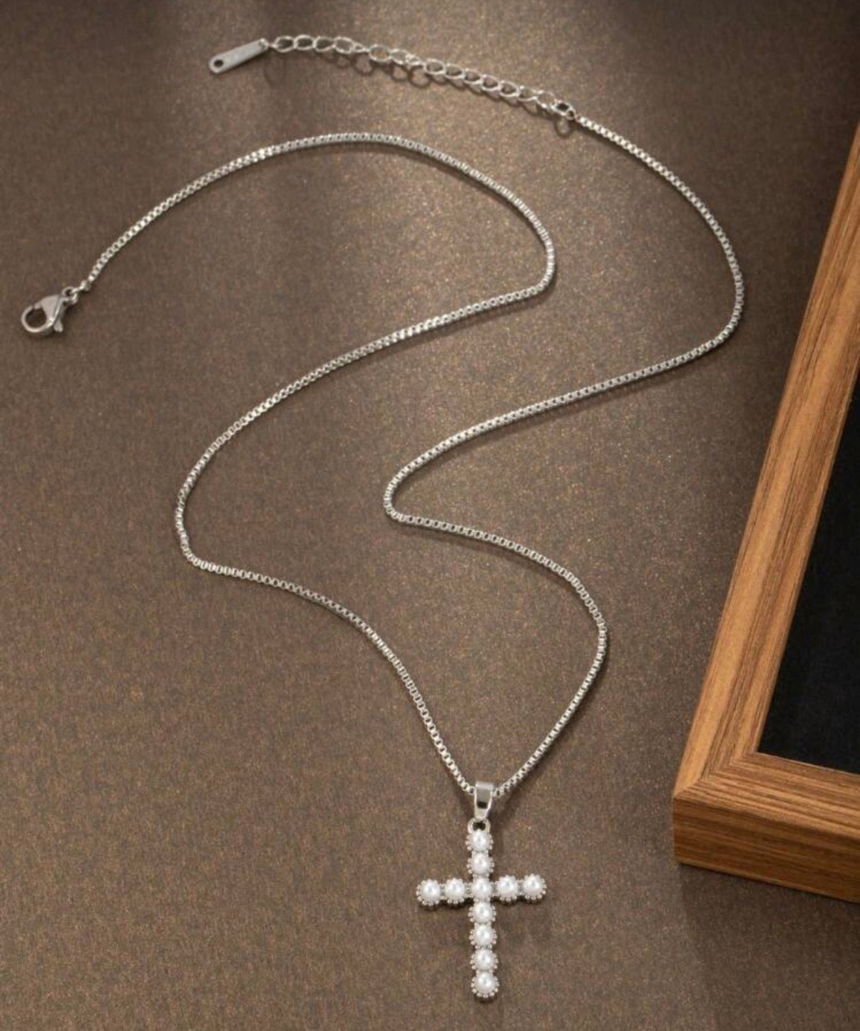 Silver Stainless Steel & Pearl Ball Cross Pendant Necklace