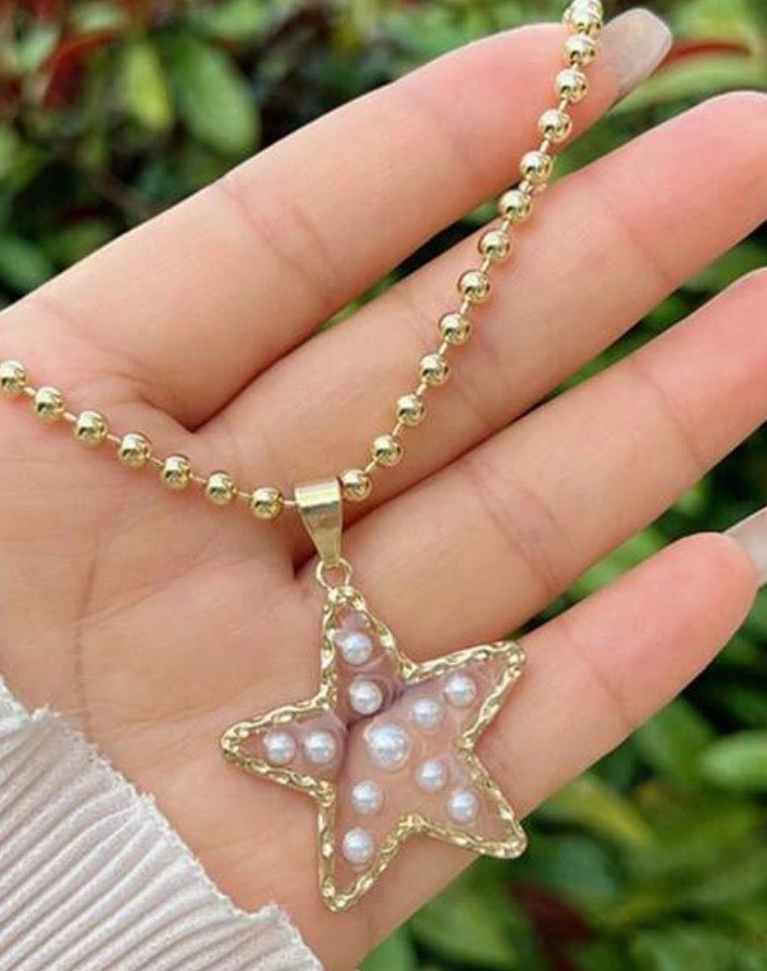 Gold Ball Beaded Necklace with Open Gold Star with Pearl Accents