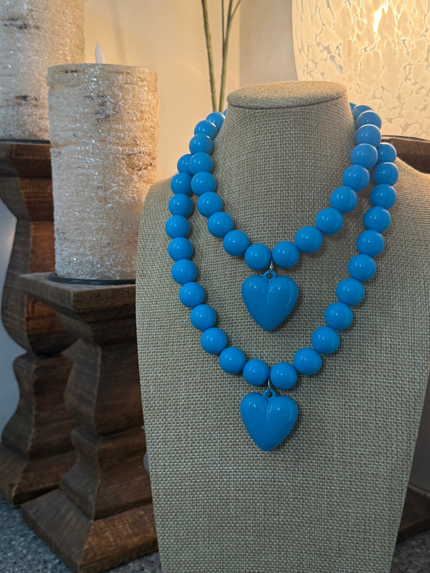 Bright Turquoise Blue Acrylic Beaded Necklace with Puffy Heart Pendant