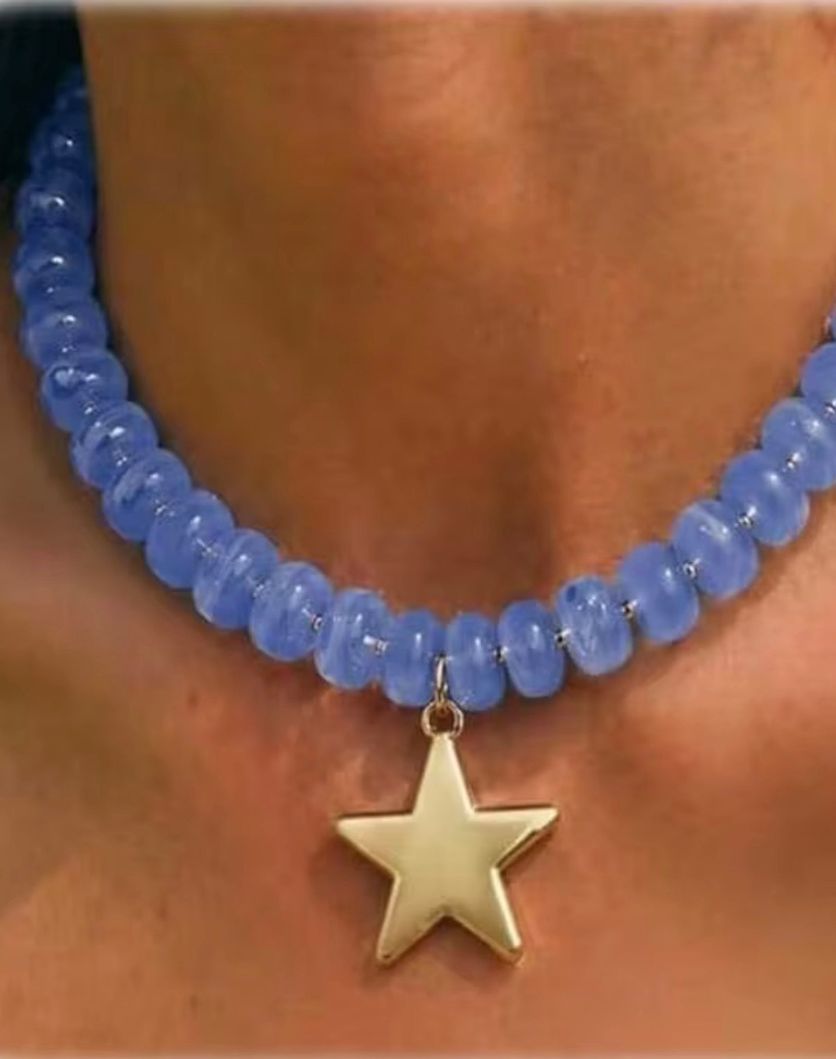 Bright Blue Beaded Choker with Gold Star Pendant