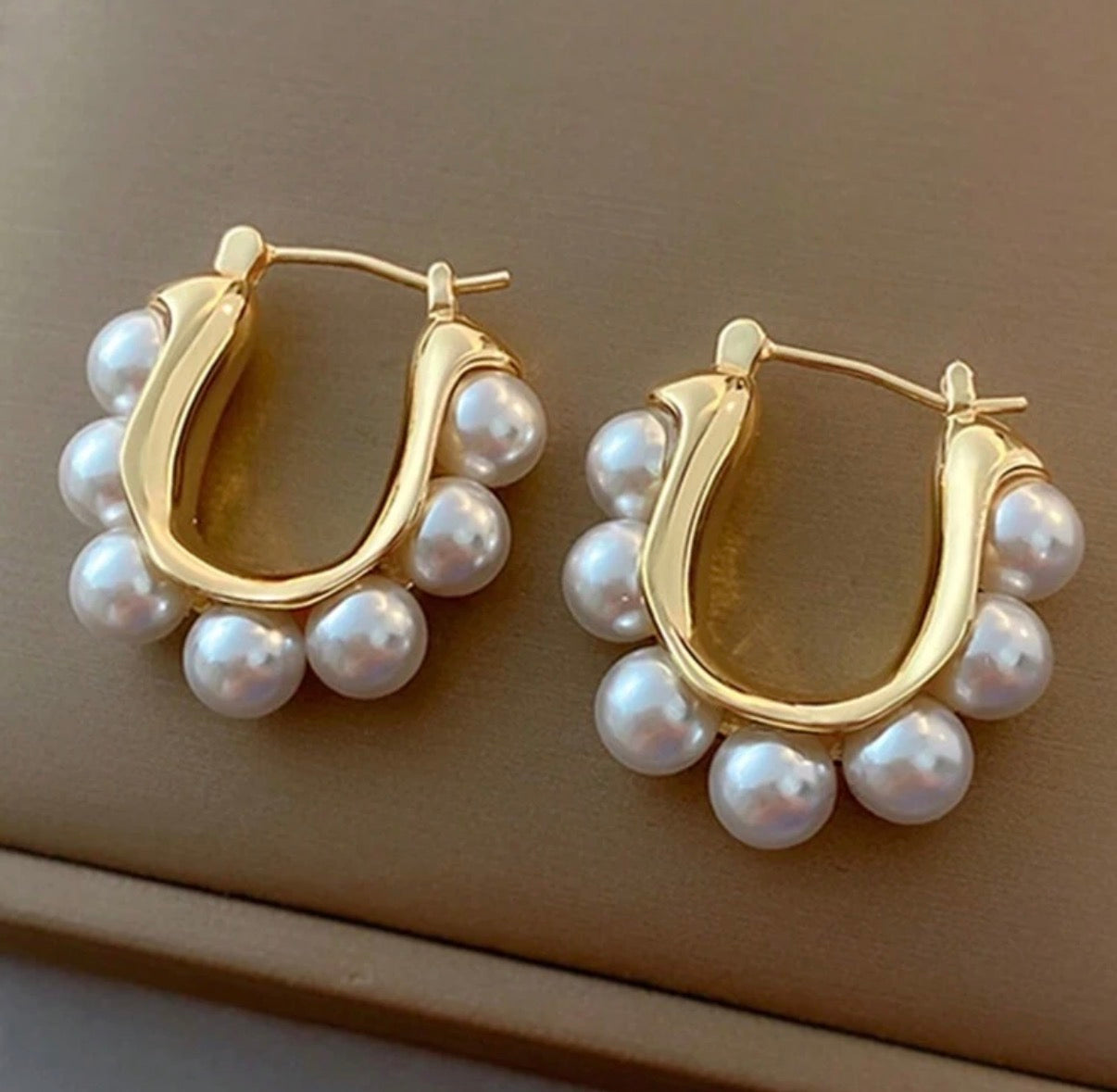 Gold Huggie Hoop Earrings with Pearl Beads