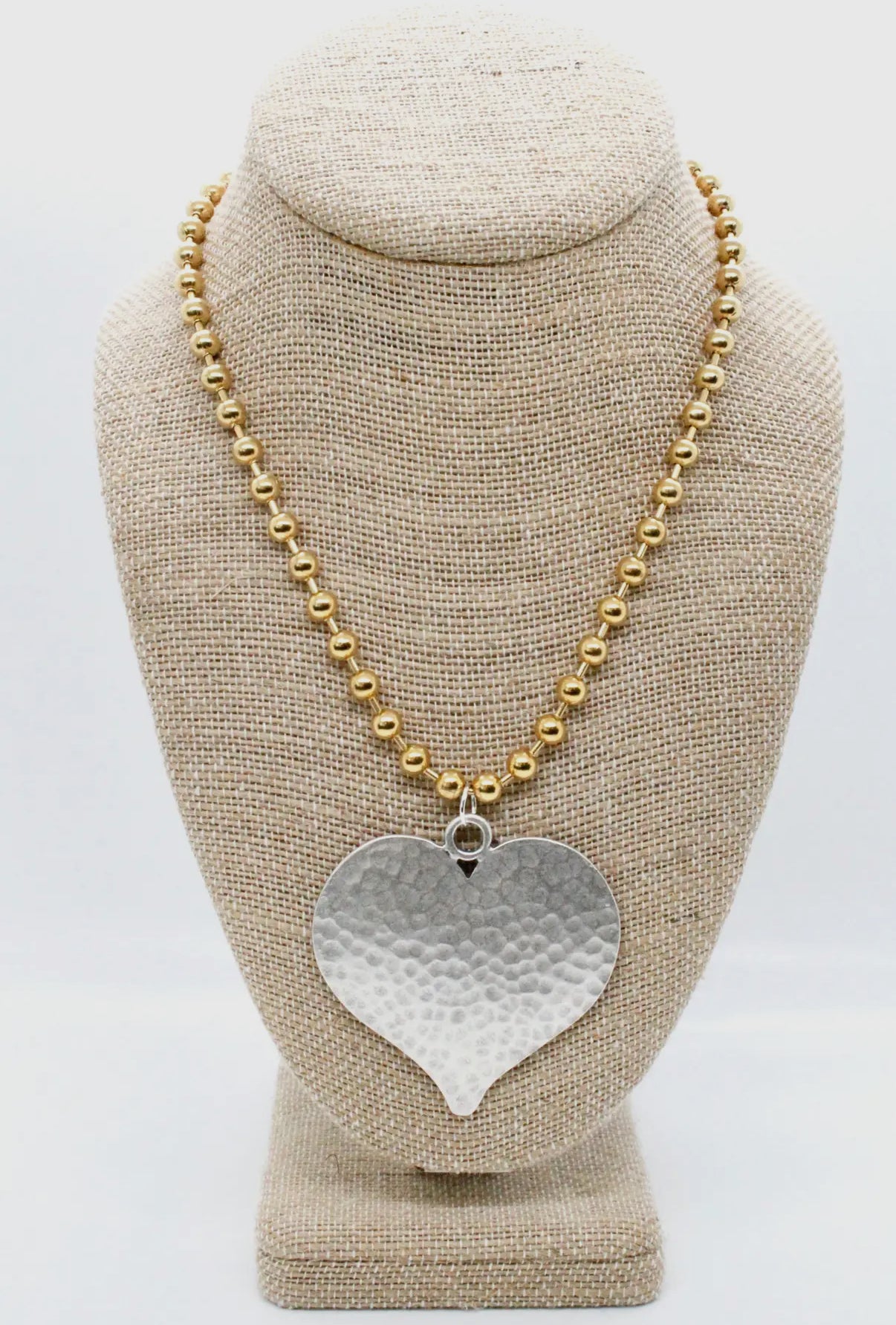 Gold Convertible Ball Bead Chain Necklace with Large Silver Hammered.Heart Pendant