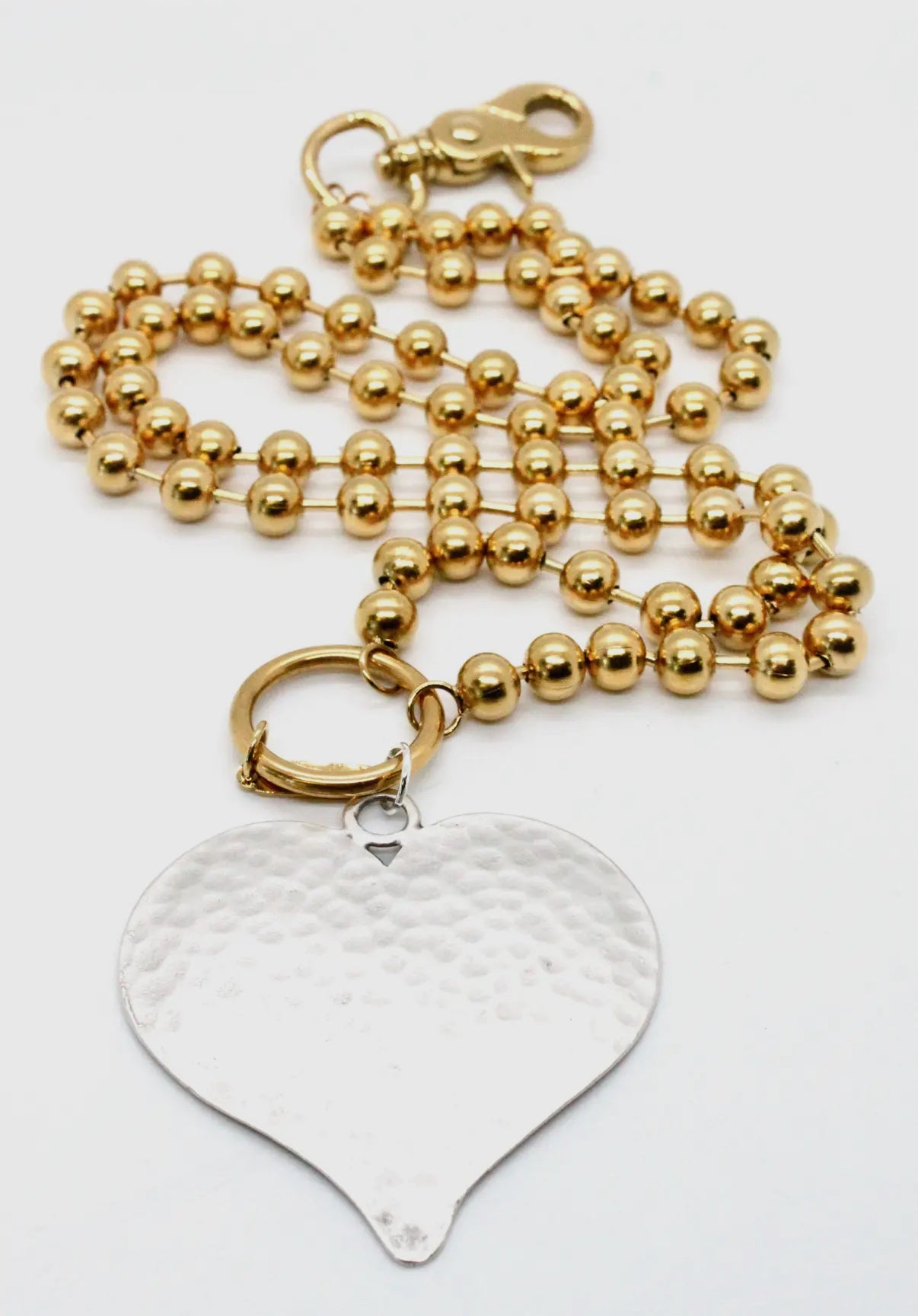 Gold Convertible Ball Bead Chain Necklace with Large Silver Hammered.Heart Pendant