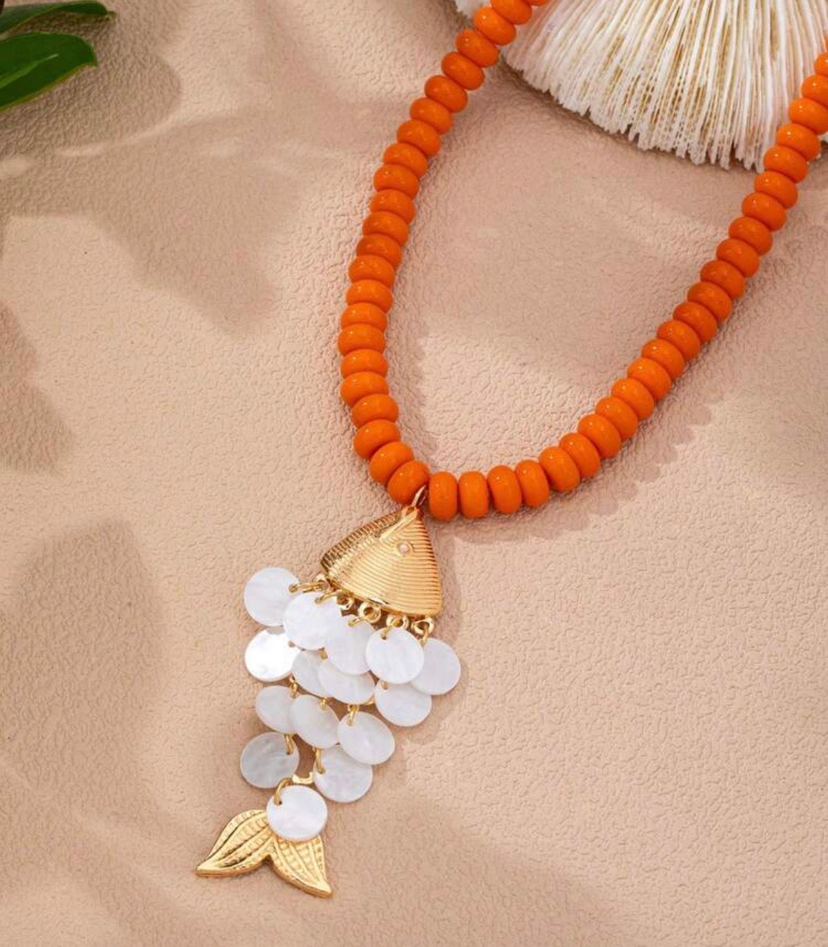 Vibrant Orange Beaded Necklace with Gold & White/Pearlish Bohemian Fish Pendant