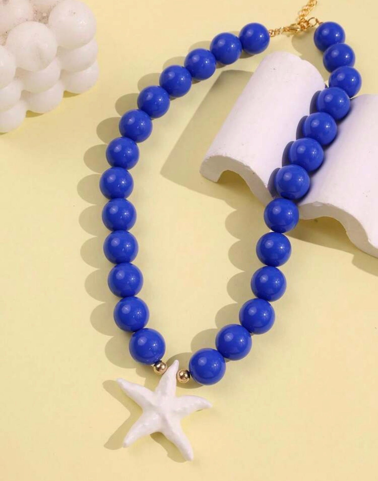 Bright Blue Beaded Necklace with White Starfish Pendant