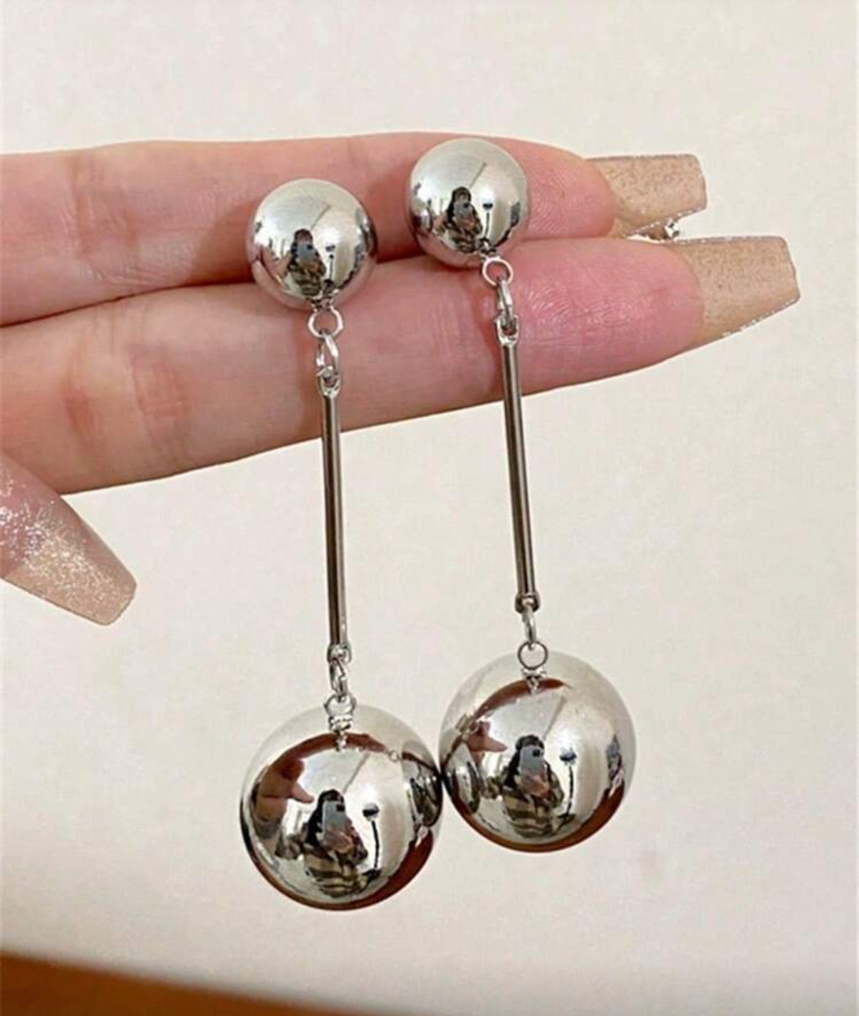 Silver Double Ball, Long Drop/Dangle Earrings