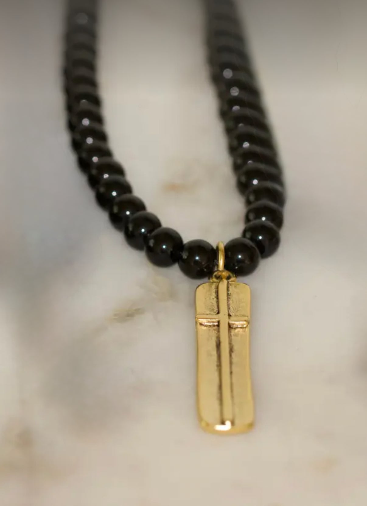 Black Beaded Heritage Necklace with Gold Cross Pendant