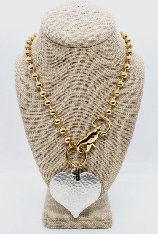 Gold Convertible Ball Bead Chain Necklace with Large Silver Hammered.Heart Pendant