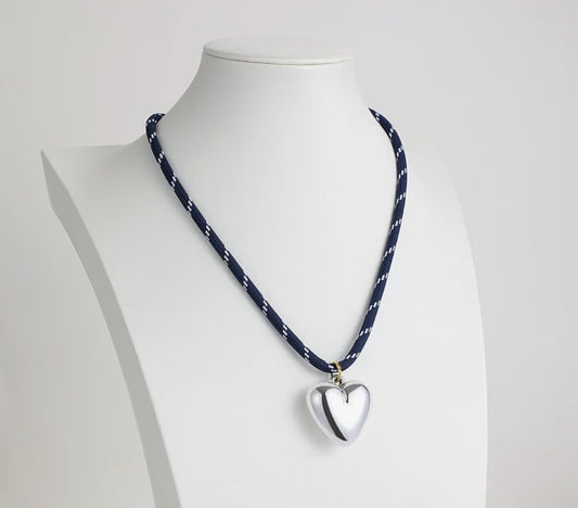 Navy Paracord Rope Necklace with Silver Chunky Heart Pendant