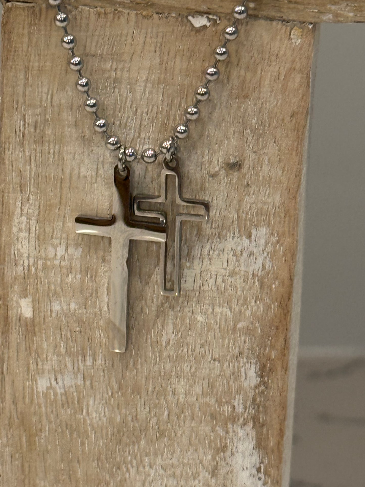 Silver Stainless Steel Double Cross Charms on Silver Ball Beaded Chain