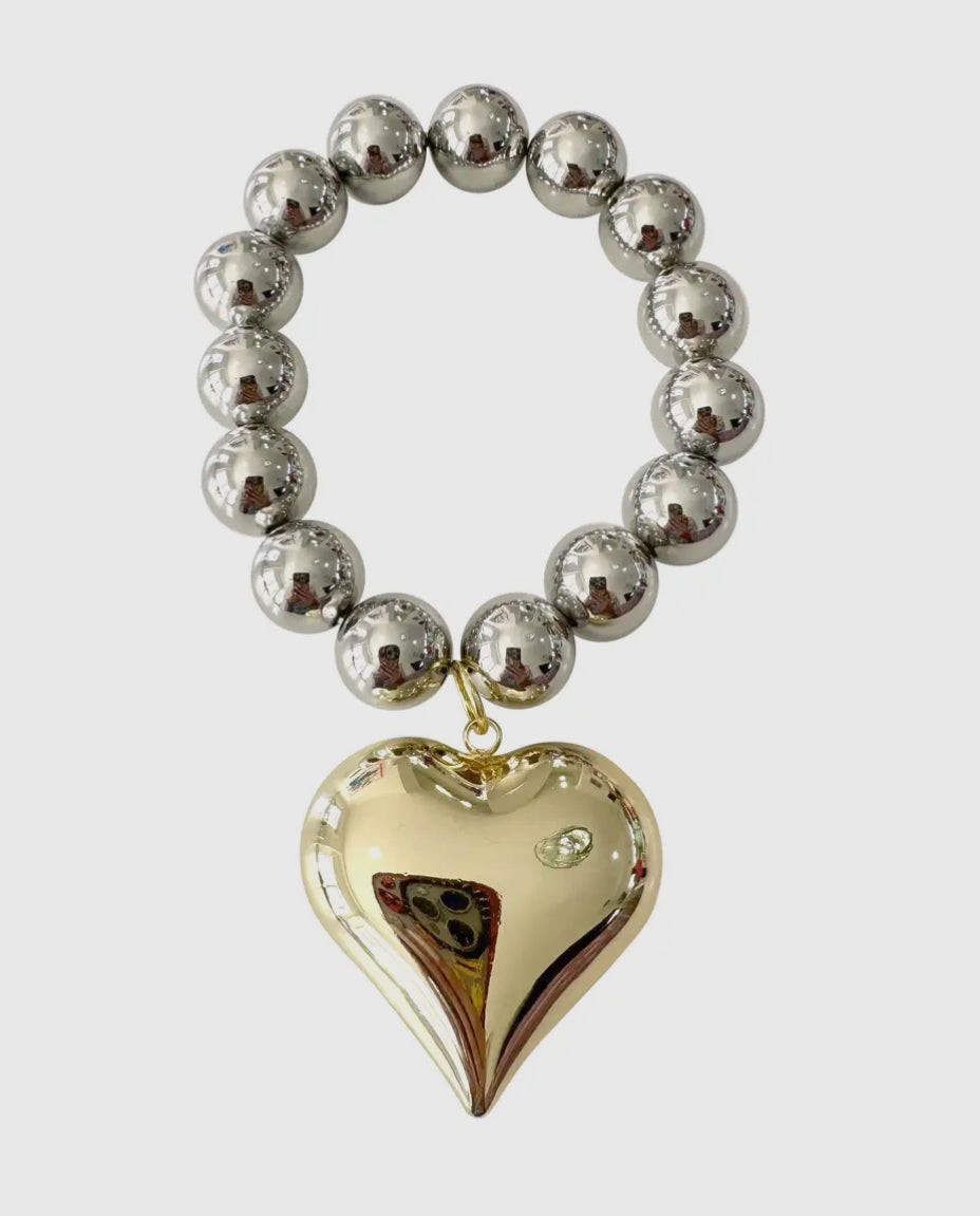 Gina Two-Tone Silver Beaded Bracelet with Gold Puffy Heart Pendant