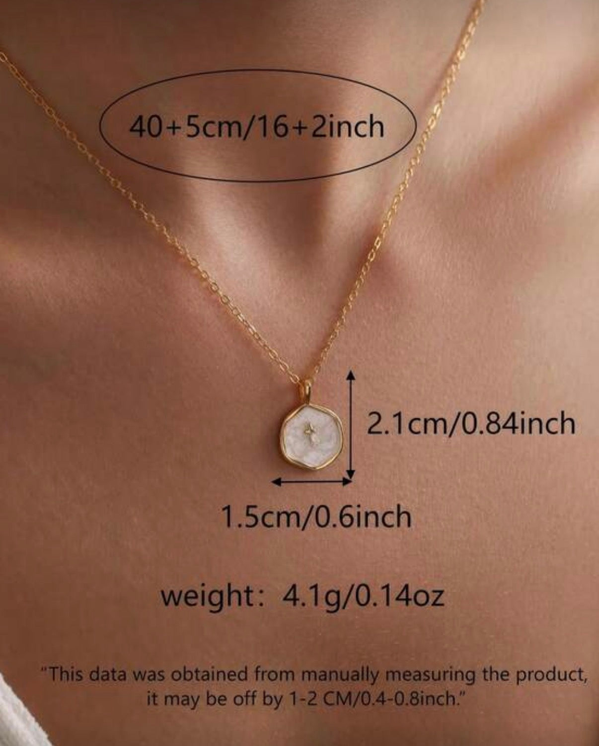 Delicate Gold Chain and Small White Pearl-like & Gold Disk Pendant with Tiny Gold Cross.