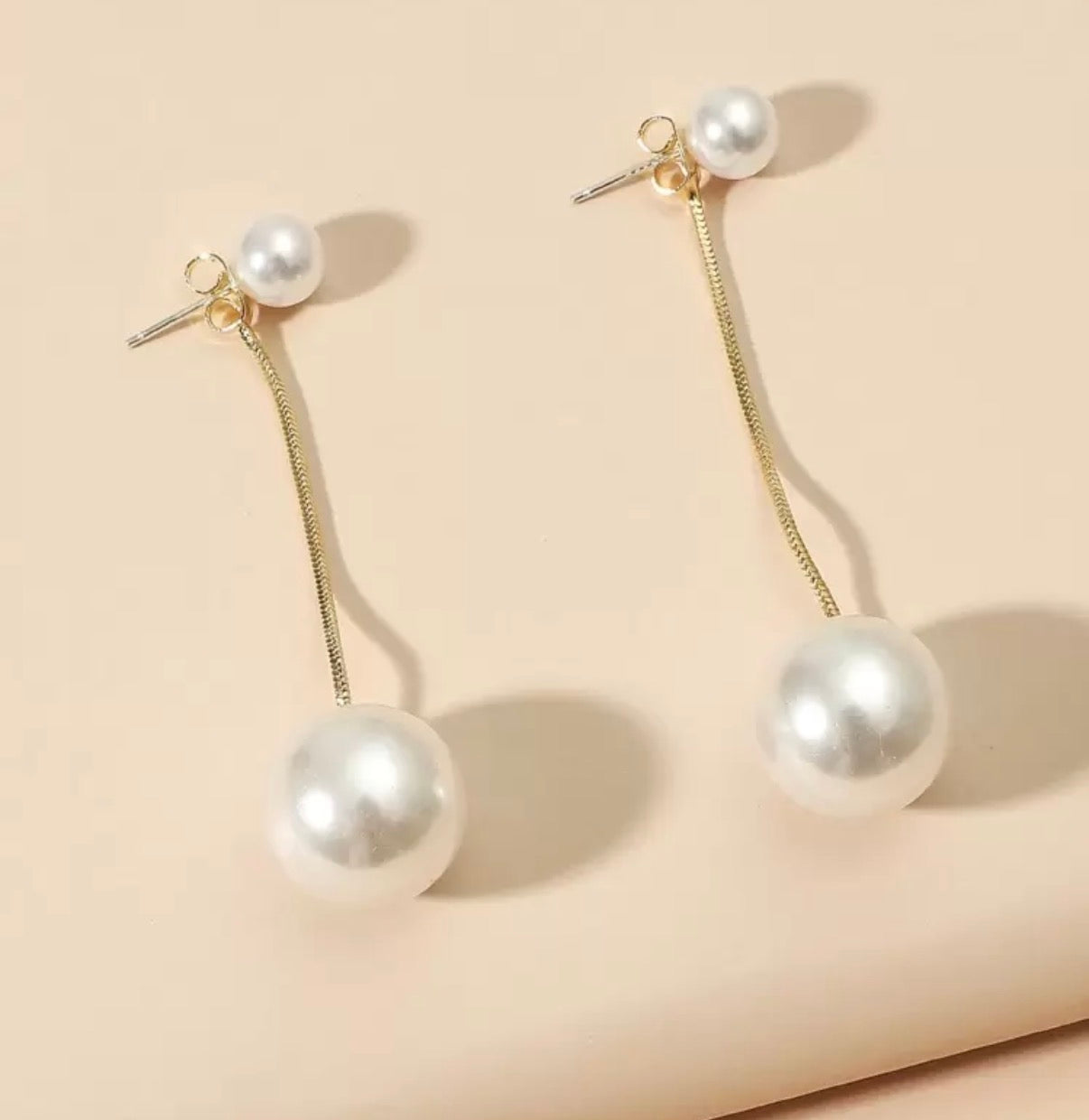 Gold Chain Dangle Earrings with Double Pearl Ball Accents