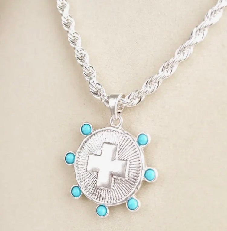 Sunlit Devotion- Silver Chain Bracelet with silver & turquoise coin accent pendant.