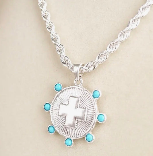 Sunlit Devotion- Silver Chain Necklace with silver & turquoise coin accent pendant.