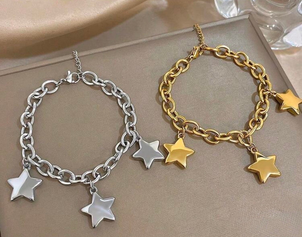 Adjustable Silver Chain Bracelet with 3 Star Charms