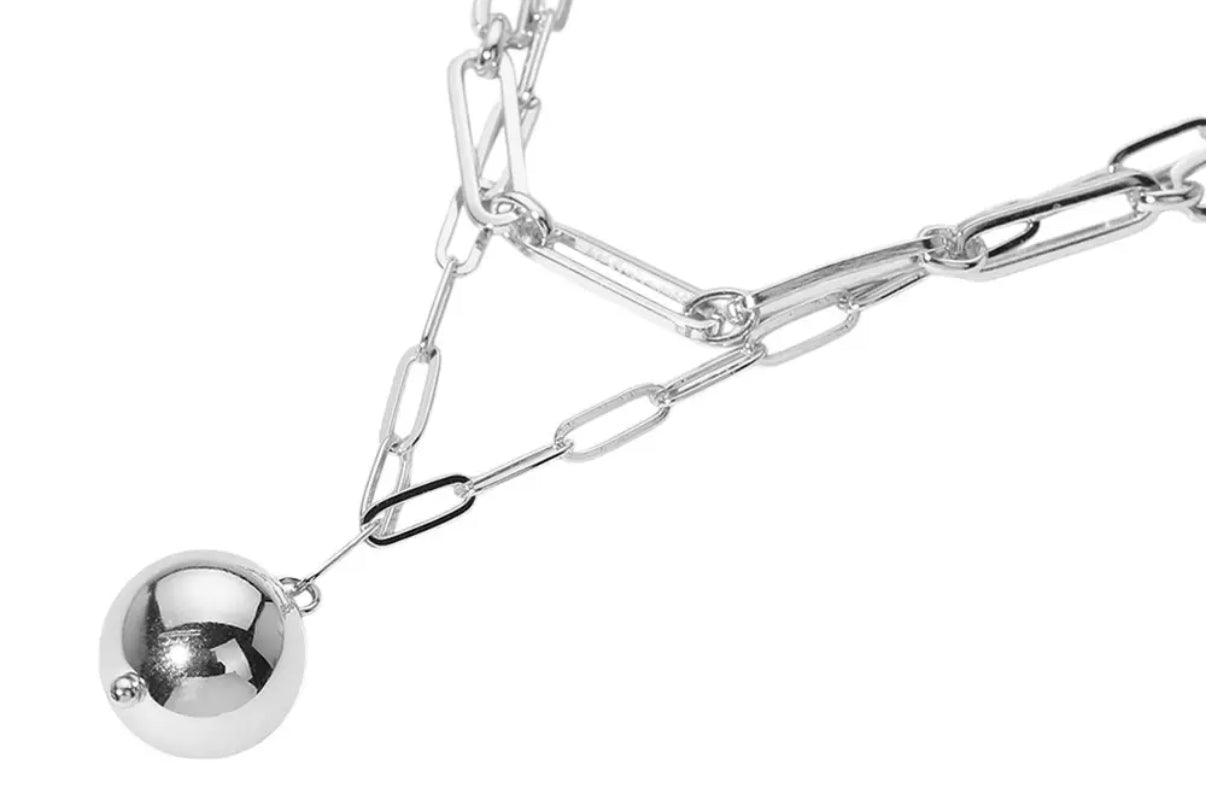 Silver Metal Ball, Double Layered Paperclip Chain Necklace