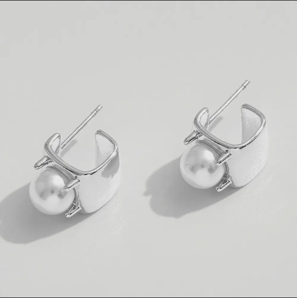 Silver Pearl Accent Geometric Post Earrings