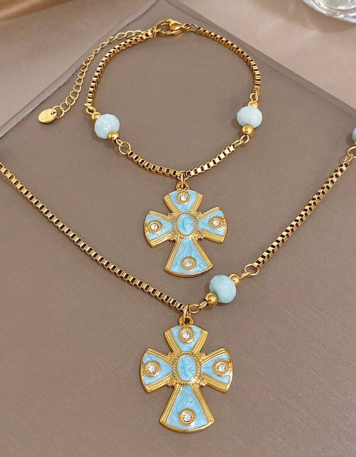 Gold & Light Turquoise Enamel Cross Necklace