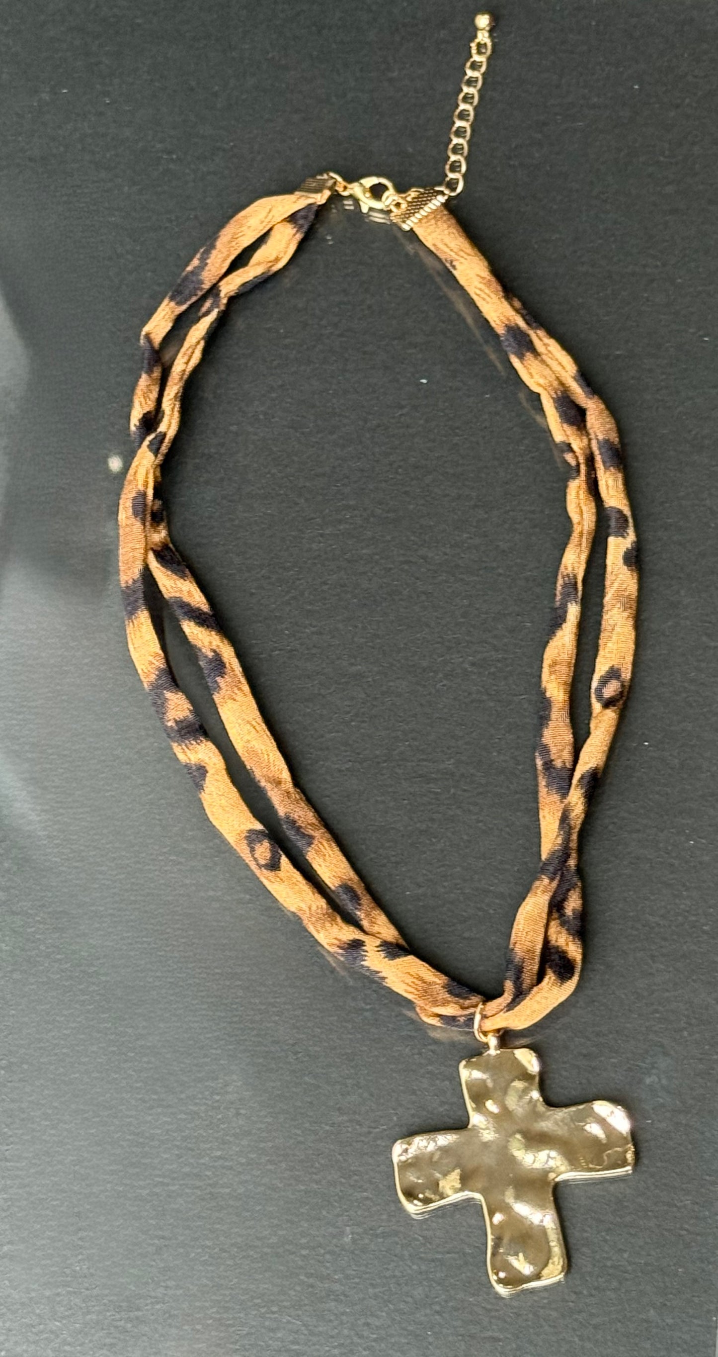 Leopard Print - Double Strand Necklace with Gold Hammered Cross Pendant.