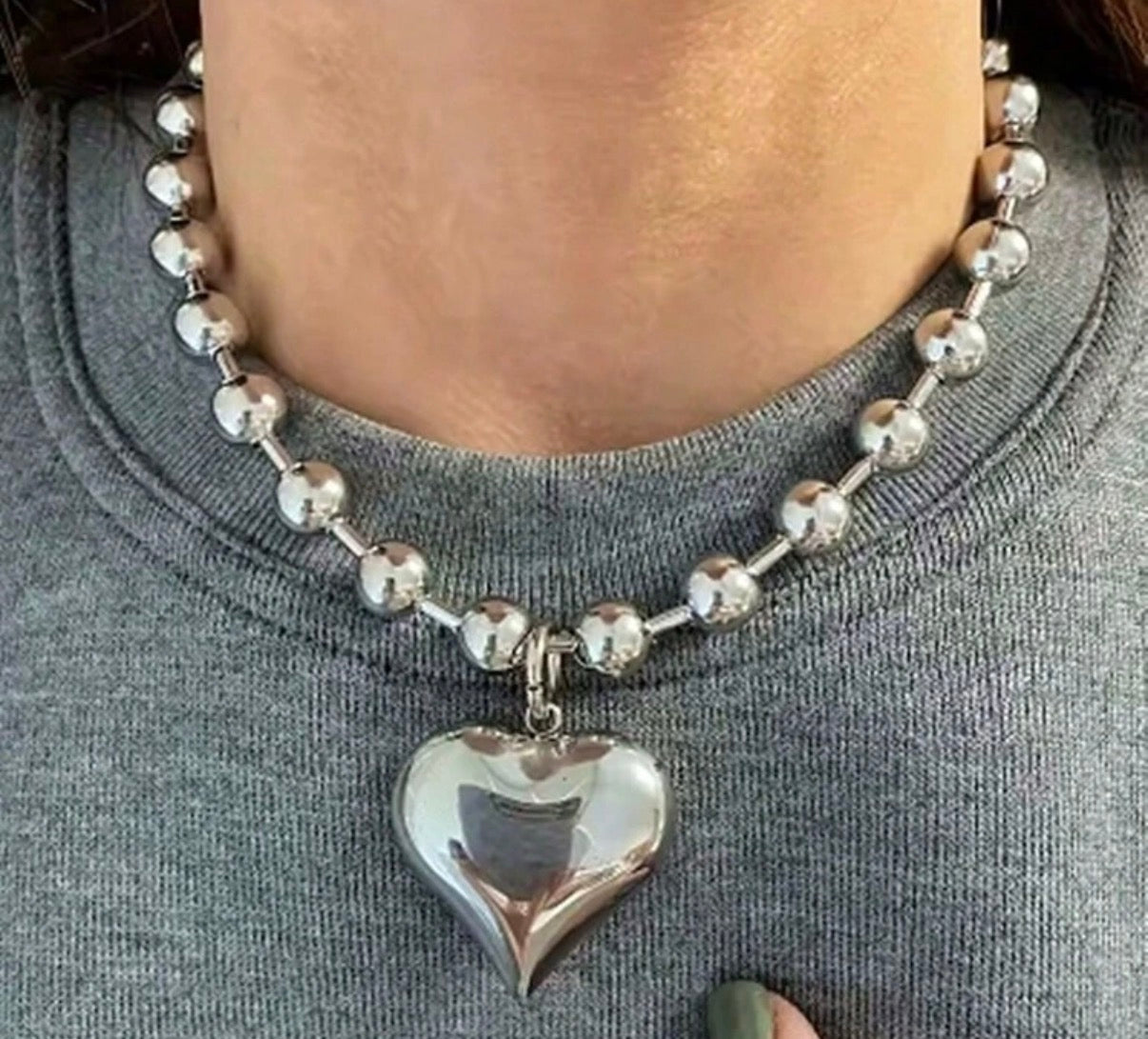 8mm Steel Ball Chain Necklace with Large Heart Pendant
