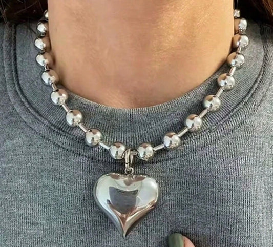 8mm Steel Ball Chain Necklace with Large Heart Pendant