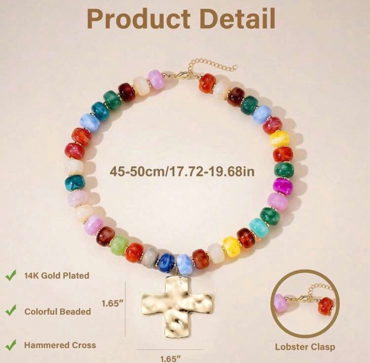 Bright Colored Acrylic Beaded Necklace with Gold Hammered Cross Pendant