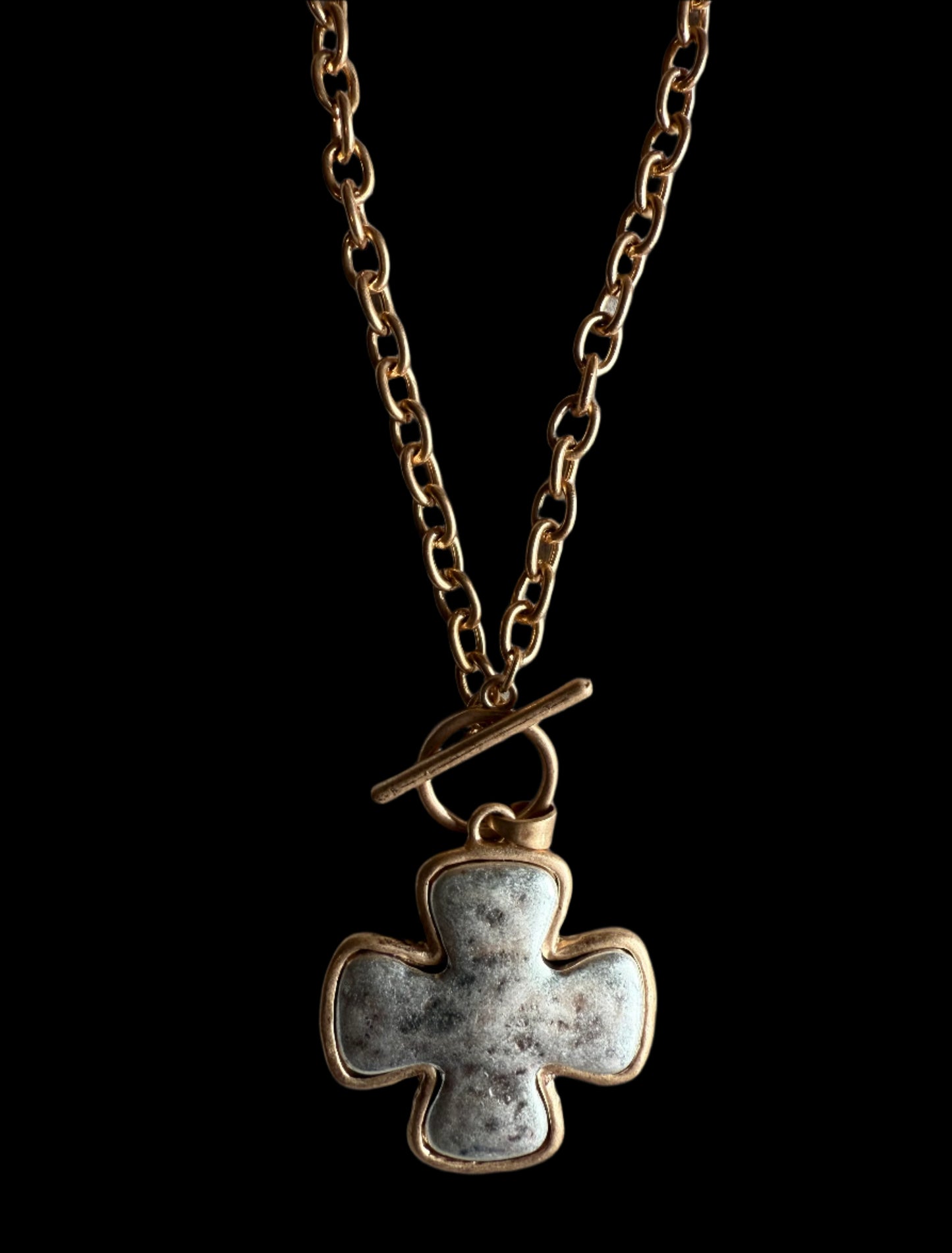 Two-tone Gold Toggle Chain Necklace with a Bold Silver Cross Pendant