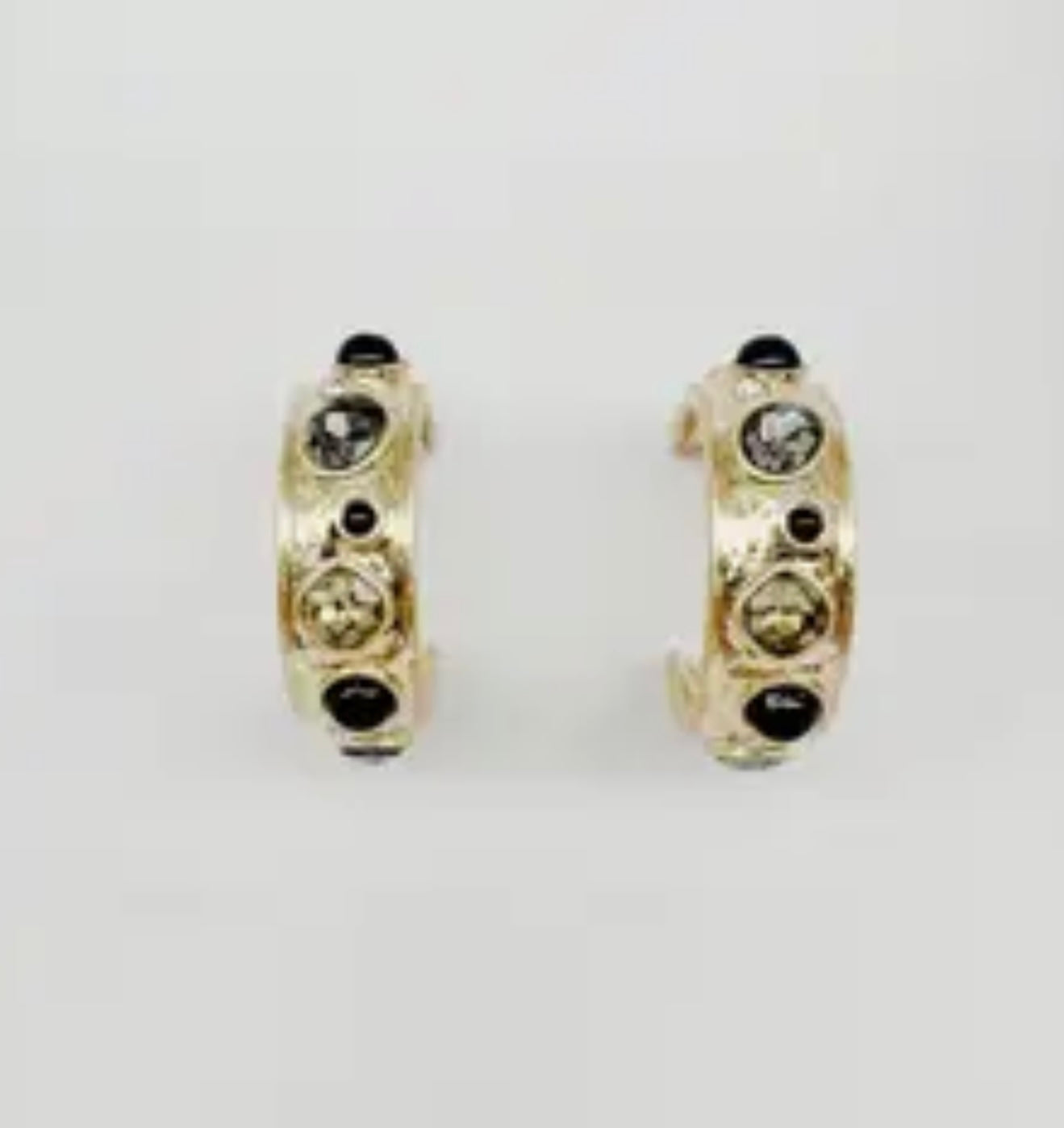 Gold Hammered Hoop with Black, Grey, and Clear Crystal 1.5" Earring
