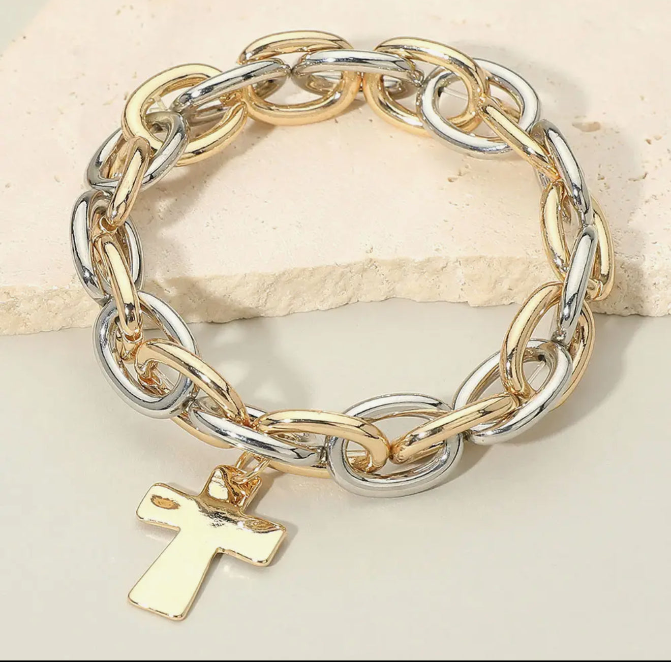 Two-Tone Metal Cross Charm Chunky Chain Link Stretch Bracelet